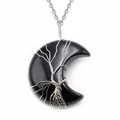 Pendente luna albero della vita in filo d'argento avvolto su onice nera - Solo Ciondolo (Senza Catena) / Ossidiana Argento