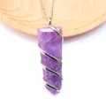 Amethyst hexagonal crystal pendant necklace wrapped in silver spiral wire on wood - Amethyst Silver Tone (Pendant Only (Without Chain))