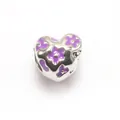 Charme de coeur en argent avec motifs floraux en émail violet et fini poli - Violet