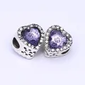 Paire de breloques cœur en pierre œil de chat violet avec bordure en cristal argenté - Violet