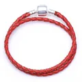 Bracelet double tour en cuir tressé rouge avec fermoir tonneau en argent poli - 18cm / Rouge