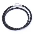 Bracelet double tour en cuir tressé noir avec fermoir barillet plaqué argent poli - Noir