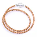 Détail de bracelet double tour en cuir tressé marron clair 3mm avec fermoir argenté - Brun Jaunâtre