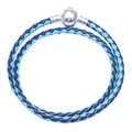 Bracelet double tour en cuir tressé bleu ciel et bleu foncé avec fermoir boule argenté - Rose Bicolore