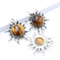 Pendente sole vintage in argento con pietra occhio di tigre su collana in acciaio inox - Tiger Eye With Stainless Steel Chain