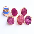 Adjustable gold druzy rings with colorful natural agate crystals in various vibrant colors - Rose Red