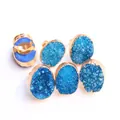 Set of 6 blue druzy geode rings with gold plated adjustable open bands for women - Lake Blue