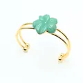 Golden double-layer open bangle with a green quartz petal flower charm for women - Green Aventurine