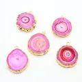 Set of 5 natural rose quartz sunburst slice pendants with gold plated edges and loops - Rose Red