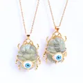 Detail of labradorite beetle pendant with evil eye inlay on a golden metal chain - Labradorite (Pendant Only (Without Chain))