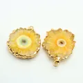 Macro-opname van natuurlijke kristallen zonnebloem hanger met goudlaag en agaat schijf detail - Geel