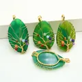 Detail of tree of life wire-wrapped pendants with natural agate stones and colored beads - Green (With Leather Cord)