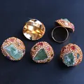 5-piece set of adjustable gold rings featuring green raw fluorite and pink crystals - Fluorite