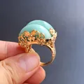 Vintage gold open ring with green aventurine crystals and hollow butterfly filigree - Green Aventurine