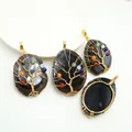 Detail of tree of life pendants with seven chakra stones on black agate stones - Black (With Leather Cord)