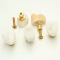 Detail of natural crystal stone drawer handle with brass base and mounting screw - White
