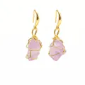 Detailed view of wire-wrapped raw amethyst stone drop earrings in bohemian gold finish - Amethyst