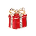 Christmas gift box brooch in red enamel with sparkling rhinestone bow on white background - Red