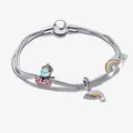 Bracciale multistrato in argento S925 con ciondoli a forma di arcobaleno e unicorno - 16cm / Stile Unicorno e Cursore Arcobaleno (Stile 3)