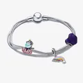 Bracciale snake multistrato in argento S925 con ciondoli arcobaleno e unicorno - 16cm / Stile Unicorno e Cuore Viola (Stile 4)