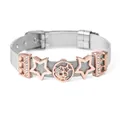 Verzilverde mesh keeper armband met roségouden sterrenhangers en kristallen - Holle Ster en Letter Stijl (Stijl 2)