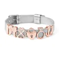 Detail van zilveren mesh armband met roségouden vleugels, klaver en hartje schuifbedels - Klavertje vier, Anker & Vleugels Stijl (Stijl 6)