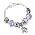 Zilveren slangenketting armband met paarse glazen kralen en eenhoorn hangers met gravure - 16cm / Paarse Eenhoorn (Stijl 2)