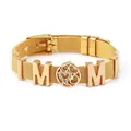 Golden 10mm stainless steel mesh bracelet with crystal MOM heart slide charms - Gold - MOM Hollow Circle Heart Style