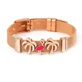 Bracciale a maglia oro rosa con ciondoli fenicottero rosa e palma, cinturino regolabile - Stile Fenicottero Palma Oro Rosa (ST11)