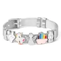 Pulsera de malla plateada con dijes coloridos de unicornio, arcoíris y figuras de zorro - Plateado