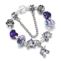 Bracciale con ciondolo a forma di unicorno con perline a cuore viola e catena a serpente argento - 16 / Stile Unicorno Cuore Viola