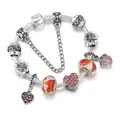 Bracciale a serpente d'argento con ciondoli floreali, cristalli rosa e cuore - 16cm / Stile Dolce Cuore Rosa (Stile 2)