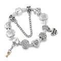 Bracciale argento con ciondoli a cuore, perline di cristallo e chiave dorata - Stile Lucchetto a Cuore e Chiave (Stile 2) / 16cm