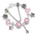 Bracciale a catena serpente argentata con perle di cristallo rosa, corona e tour Eiffel - 20cm / Rosa