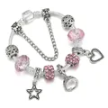 Bracciale con ciondoli in cristallo rosa, pendente a cuore e chiusura di sicurezza in argento - 16cm / Rosa