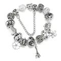 Bracciale argentato con ciondoli Tour Eiffel, corona e cuore inciso Amour - 16cm / Stile Torre Eiffel Nero