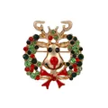 Christmas reindeer wreath brooch with red bow and colorful rhinestones on a gold alloy base - Colorful Wreath Reindeer Style