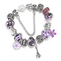 Bracciale con ciondoli Torre Eiffel e corona con perline viola e pendente a cuore - 16cm / Stile Torre Eiffel Viola