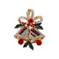 Spilla natalizia dorata con campanelli, strass rossi e foglie di agrifoglio verdi - Campane di Natale