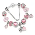 Bracciale argentato con ciondolo a cuore e fiore in smalto rosa per la mamma - Rosa / 16cm