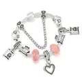 Zilveren bedelarmband met roze kralen en een Happy Birthday taart hanger ontwerp - 16cm / Roze Glas Verjaardagswens (Stijl Vier)