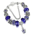 Pulsera DIY con cuentas de cristal azul real y colgante de corona plateada en cadena de serpiente - Azul