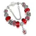 Pulsera de dijes DIY con cuentas de cristal rojo y colgantes de corona de plata - Rojo