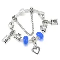 Charm-Armband im europäischen Stil mit blauen Glasperlen und Geburtstagskuchen-Anhänger - 16cm / Dunkelblau Glas Buch Kuchen (Stil Sieben)