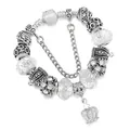 Pulsera DIY de plata con cuentas de cristal, colgantes de corona y esferas de strass - Blanco