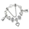 Silbernes Charm-Armband mit Happy Birthday Kuchen-Anhänger und grauen Katzenaugen-Perlen - Grau Katzenauge Hohlherz (Stil Neun) / 16cm