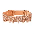 Rose gold mesh bracelet with hollow heart and star charms on a reflective surface - Rose Gold