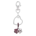 Porte-clés en alliage argenté en forme de cœur avec fleur en strass rose et breloques - Style Floral Strass Rose (K17)