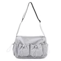 Borsa a tracolla in nylon a quadretti grigi e bianchi con tasche a coulisse e cerniera - Grigio