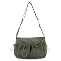 Borsa a tracolla in nylon a scacchi verde scuro con tasche con coulisse e tracolla - Verde